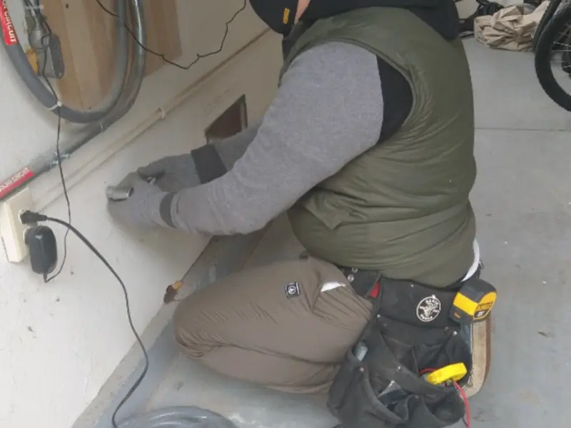Electrician performing outlet wiring in a Leawood garage